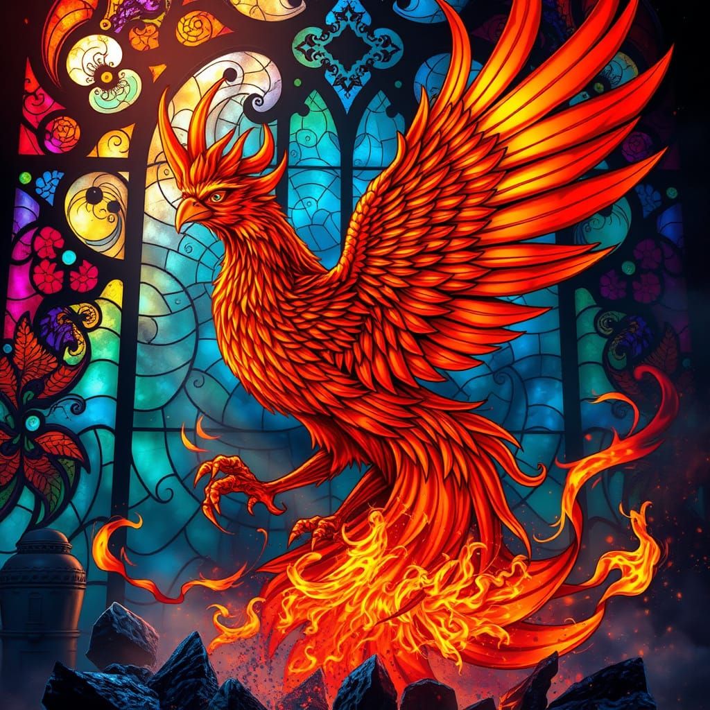 Fiery Phoenix Rising from Ashes: Digital Illustration