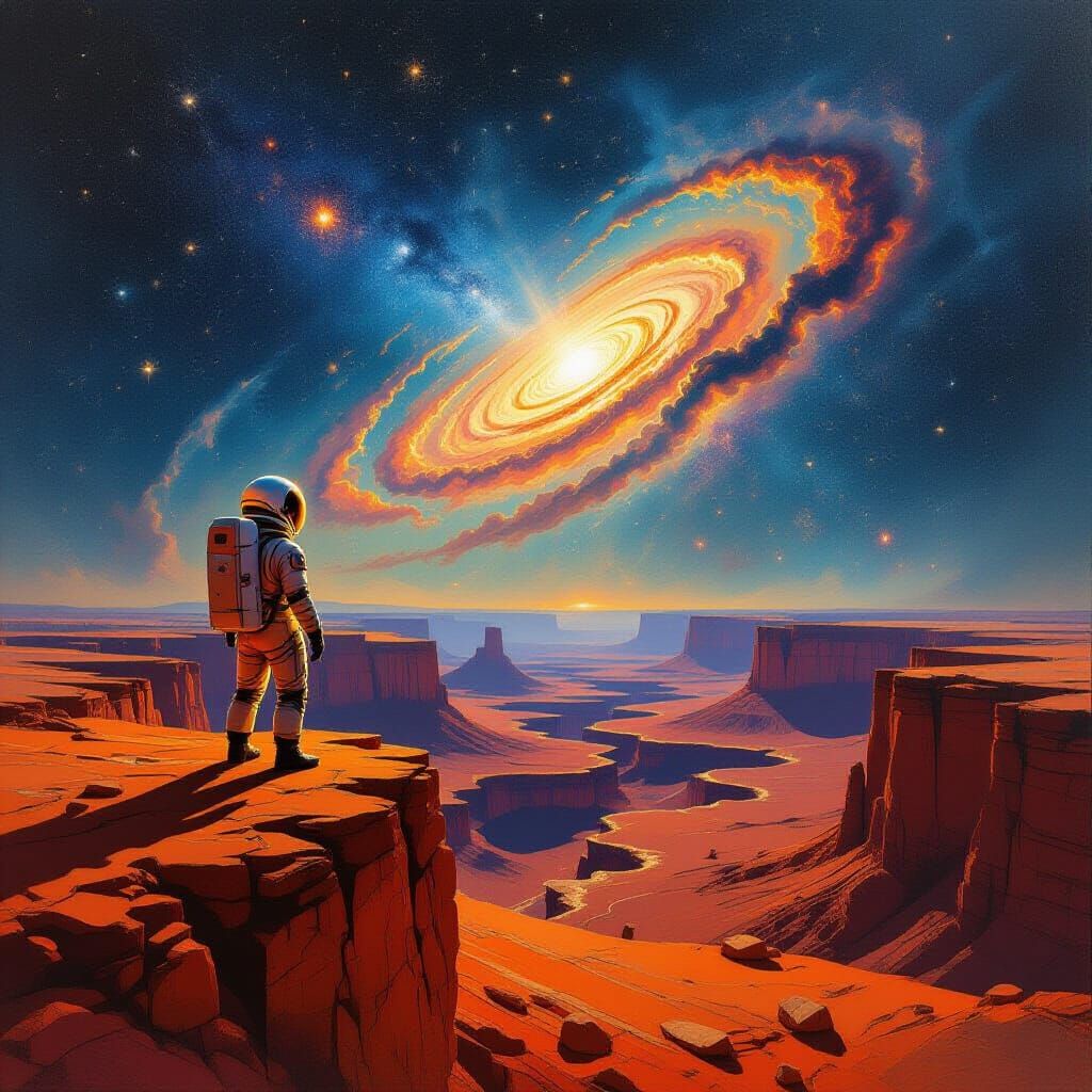 Astronaut Gazes at Nebula Over Orange Canyon