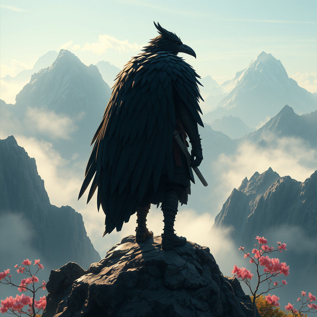 Crow Samurai on Mountain in Nanga Style