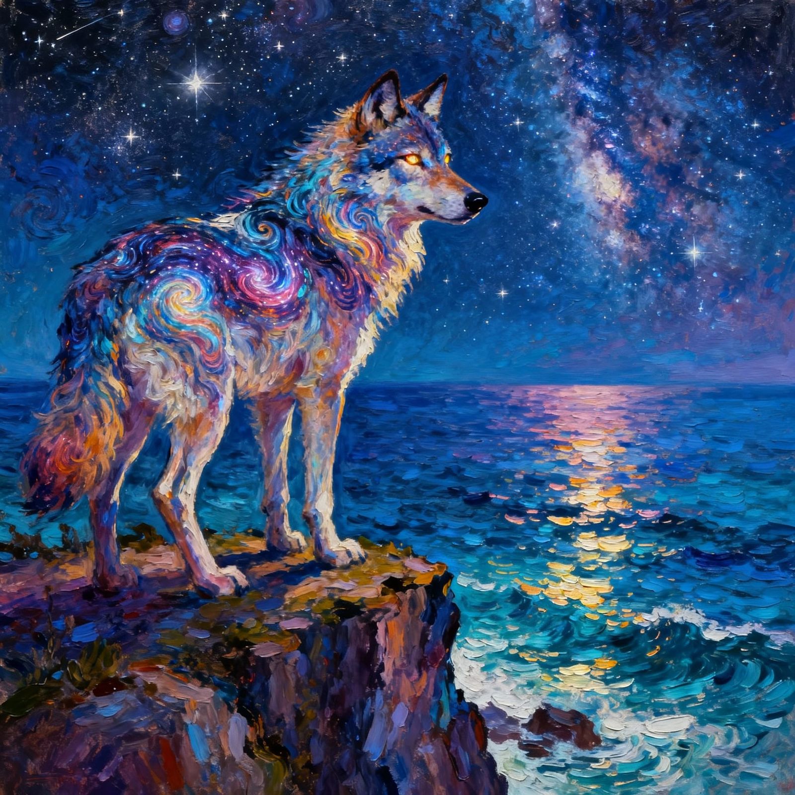 Galactic Wolf on Cliff Overlooking Starlit Ocean