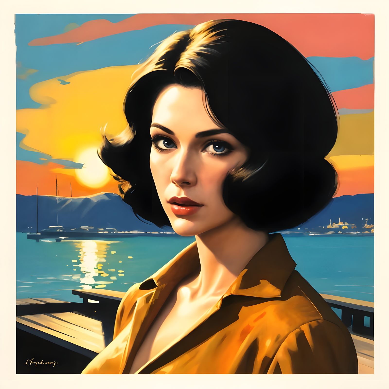 Surreal Portrait of a Woman at Marina Sunset in 1960s Impres...