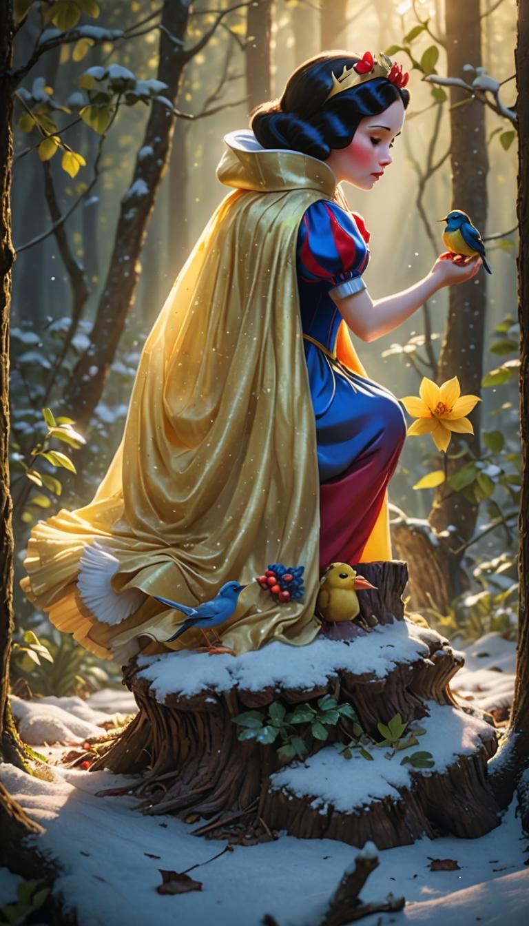 Snow White in Forest with Bird: 3D Render
