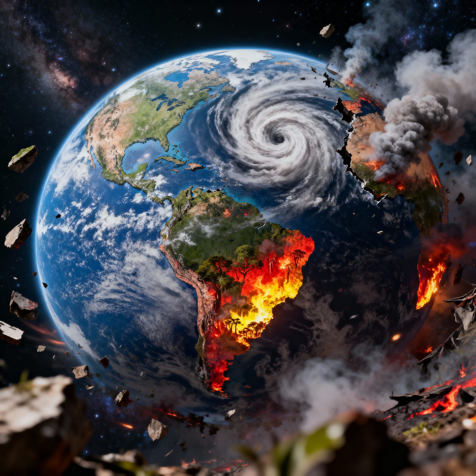 Apocalyptic Earth from Space: Ruined Blue Marble Ablaze