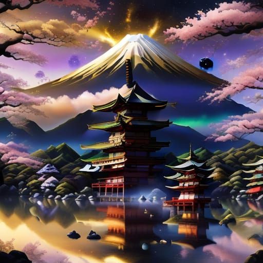 Majestic Japanese Pagoda by Cosmic Lake