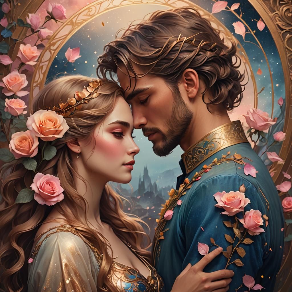 Romantic Embrace in Art Nouveau Style