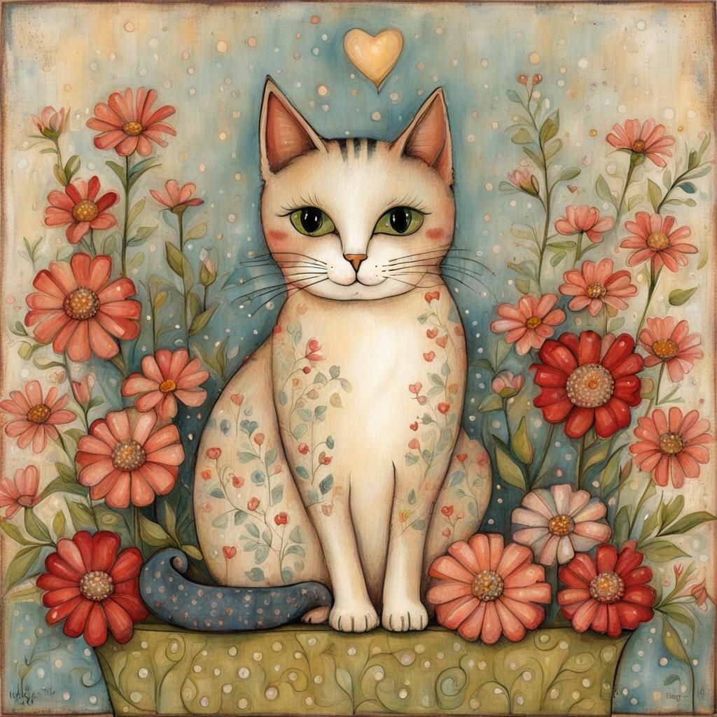 Cute Cat with Flowers in Mixed Media Art