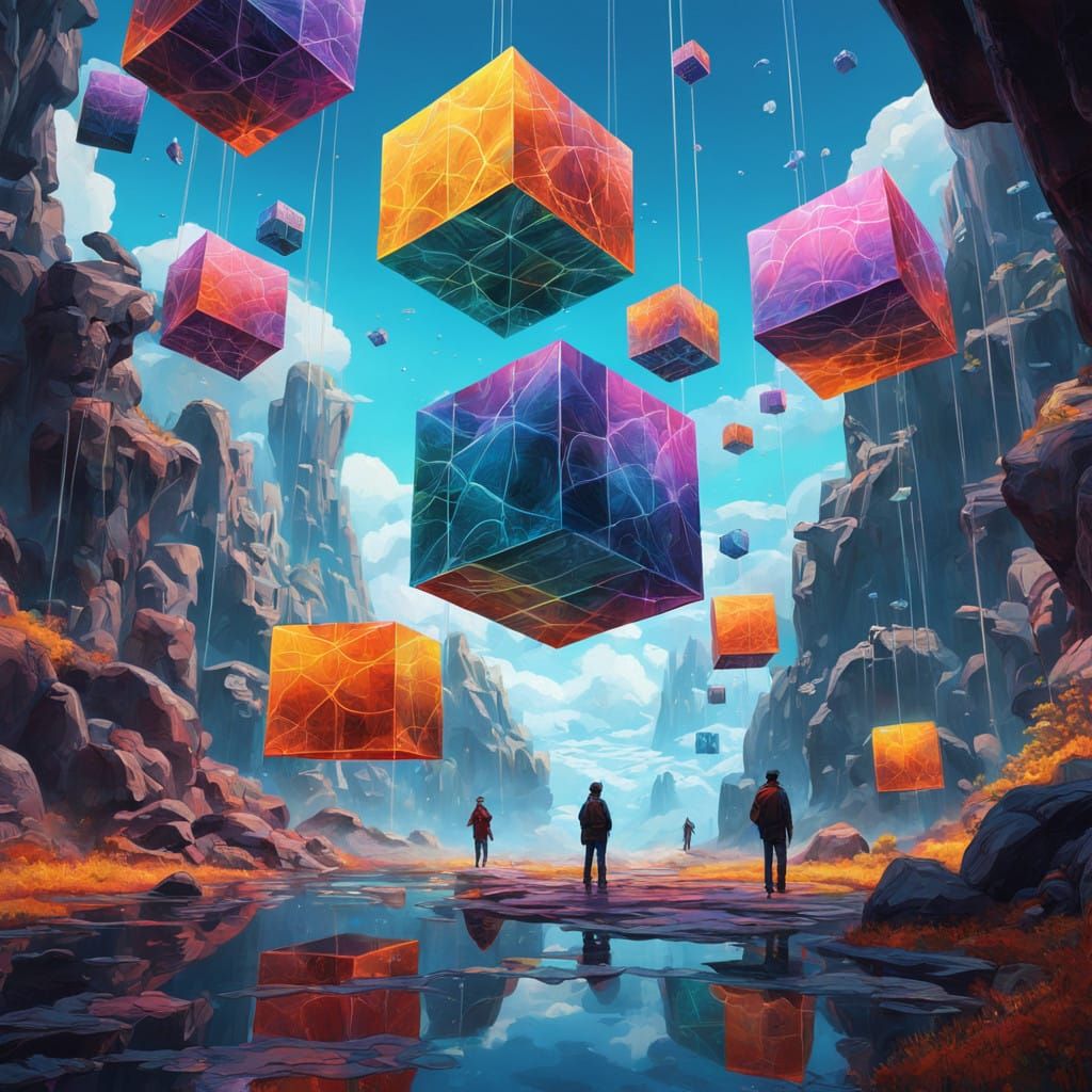 Rainbow Cubes Amidst Mystical Clouds in Vibrant Fantasy Art