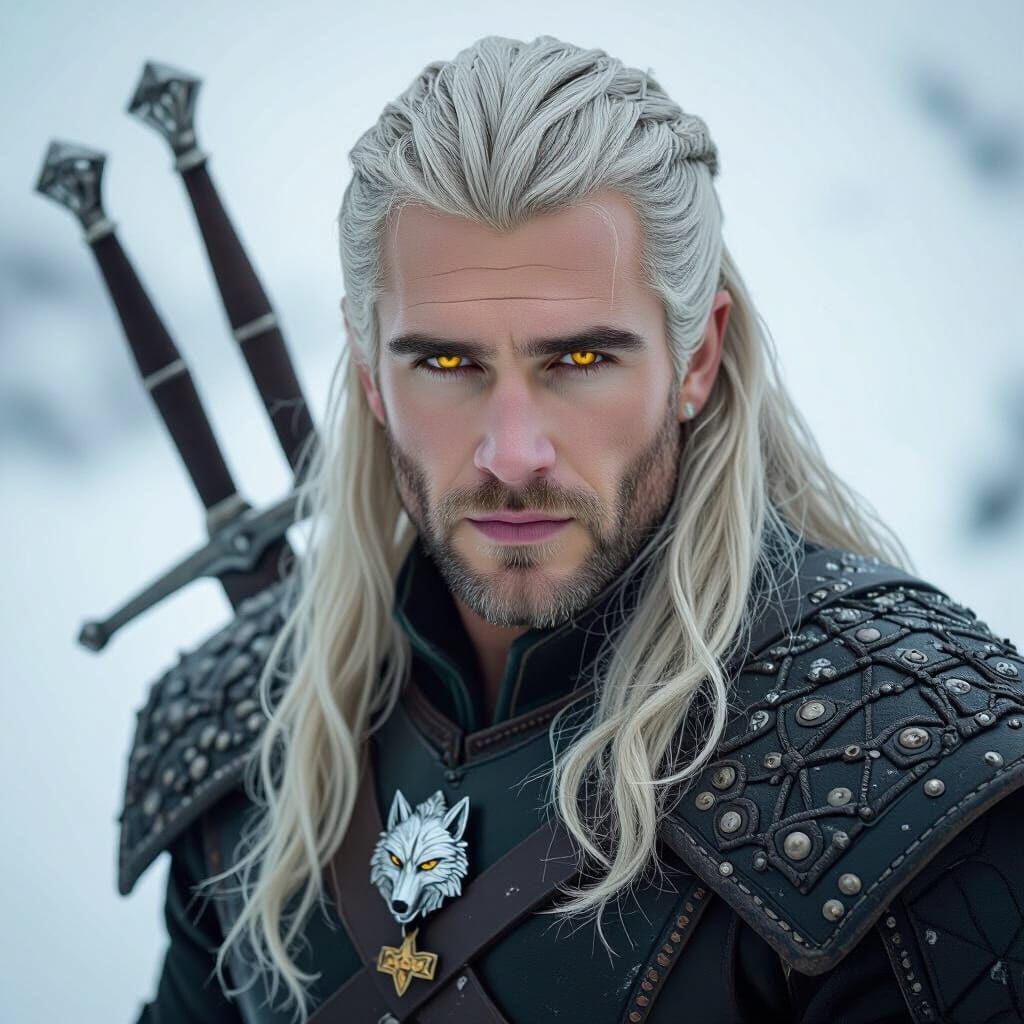 Geralt of Rivia: Swords, Medallion, and Gold Eyes