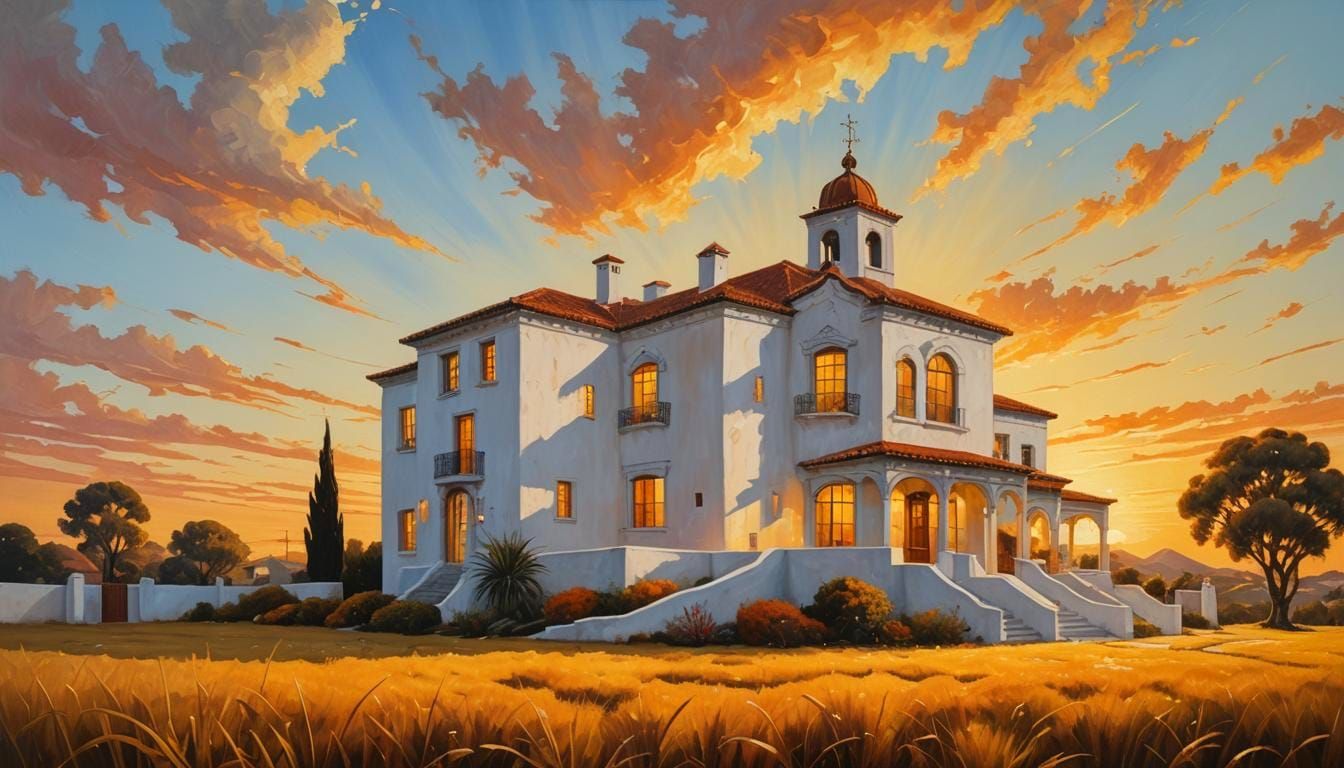 Spanish Colonial House at Sunset: Surreal Oil Painting