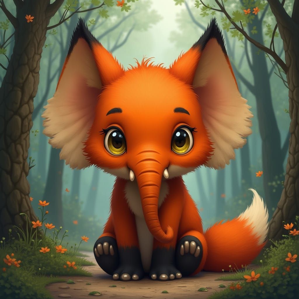 Elephant-Fox Hybrid in Whimsical Forest, Digital Art