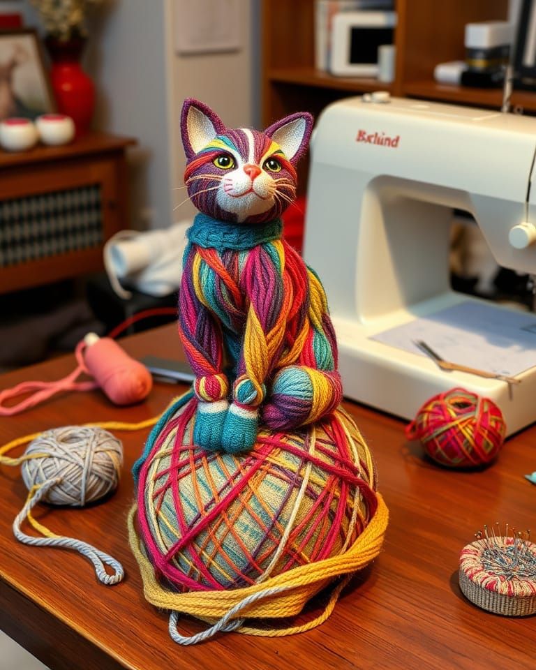 Vibrant Yarn Sculpture of Feline Form, Beside Domestic Sewin...