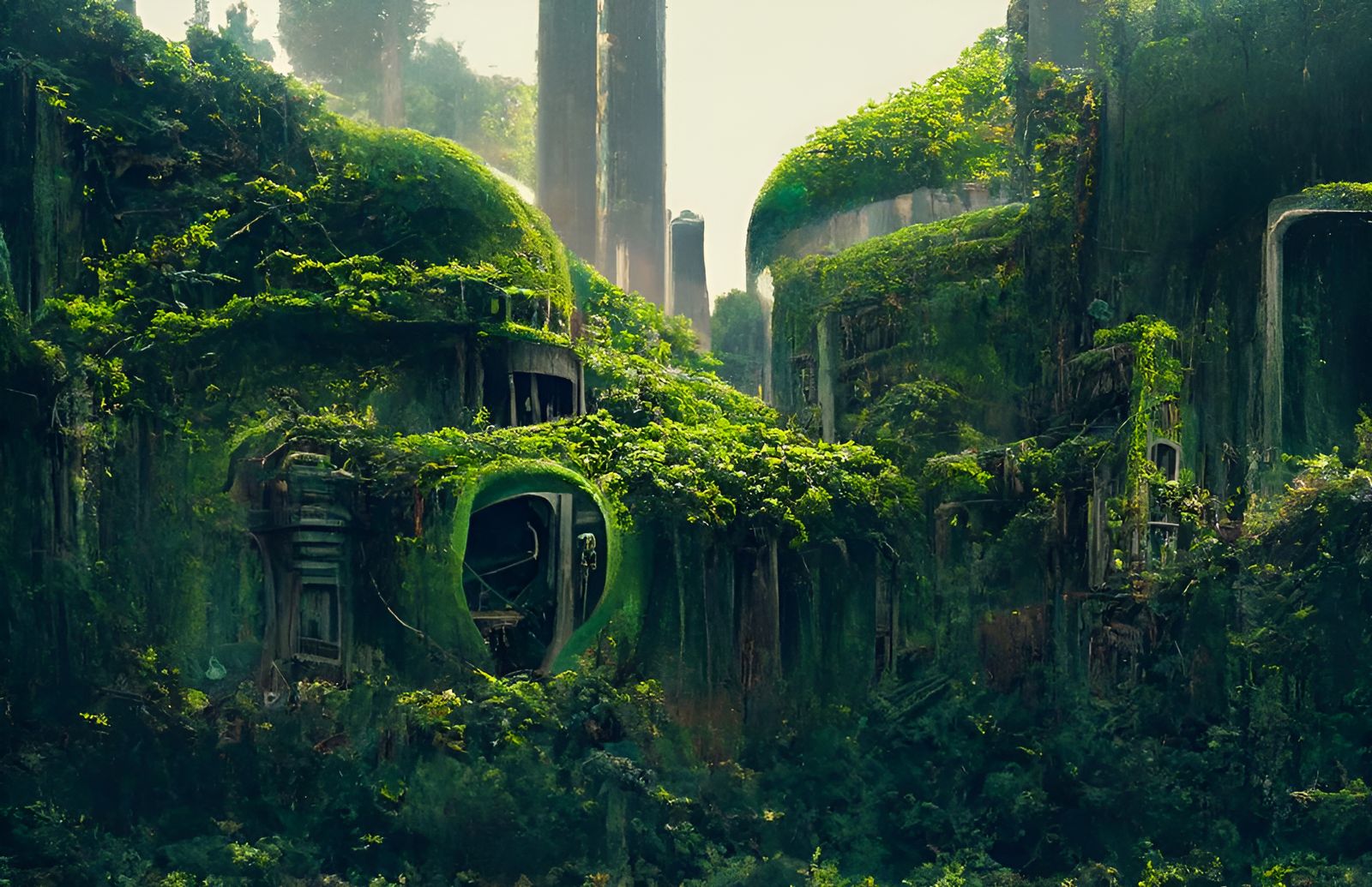Biomechanical Ivy Envelops Futuristic Ruins