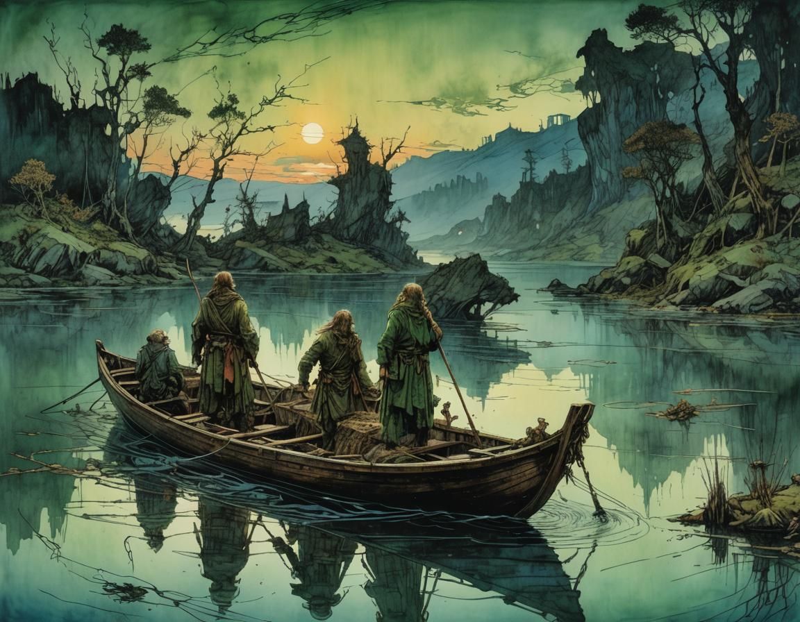 Enchanted Morass Sirens Reaching Boat in Green Sunset