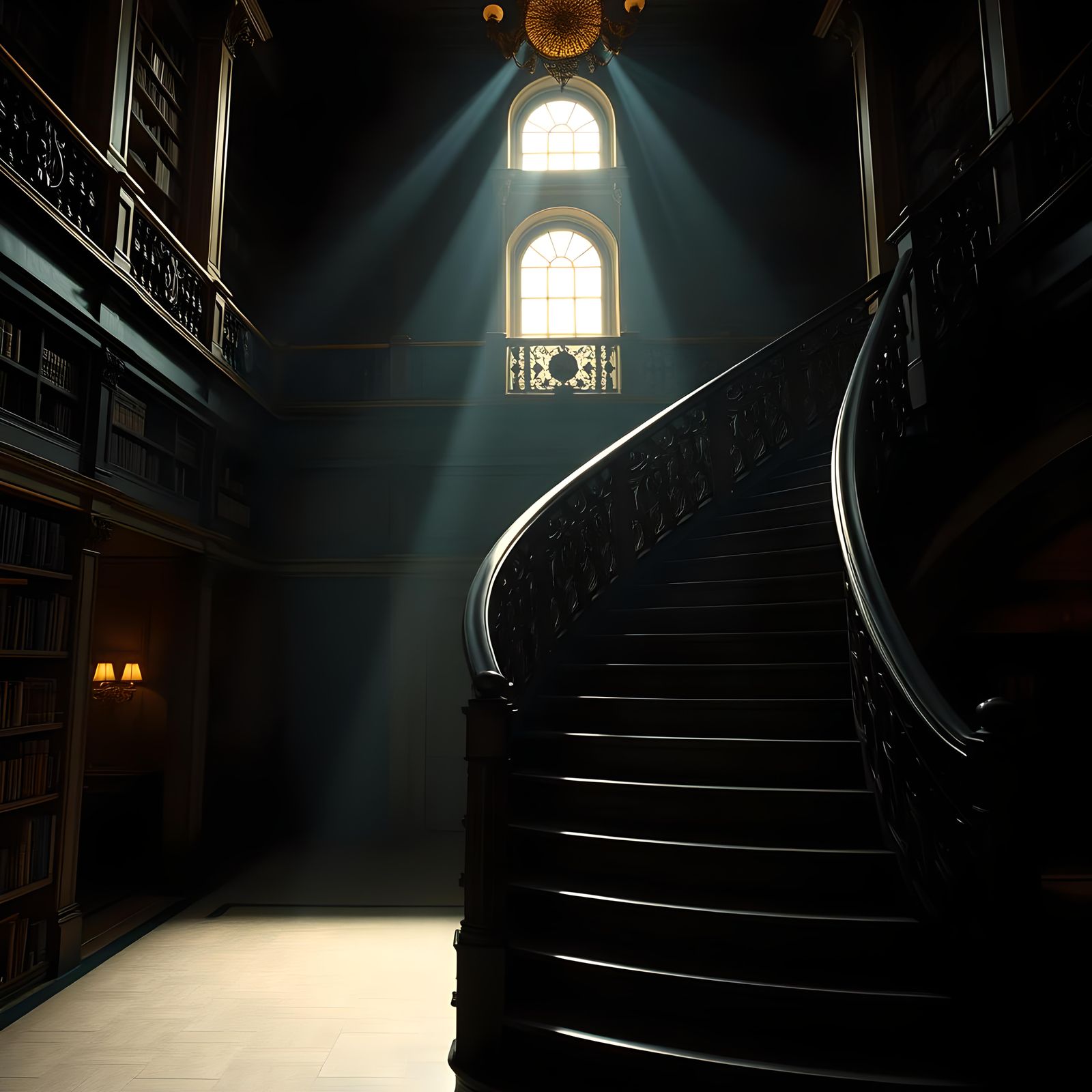 Epic Book Staircase in Cinematic Style