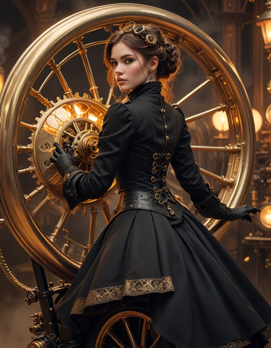 Steampunk Girl Cruises Victorian-Era Monocycle with Golden A...