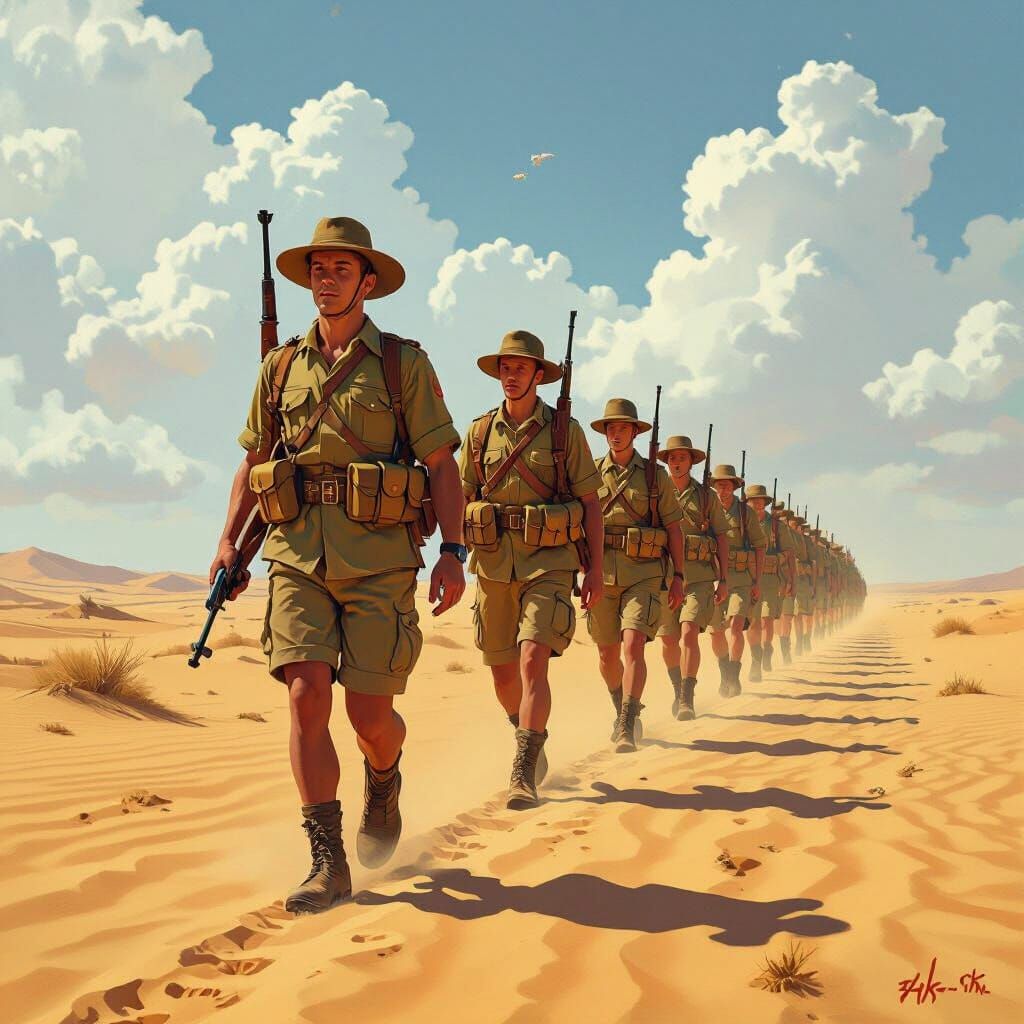 Toy Soldiers Marching Through North African Desert
