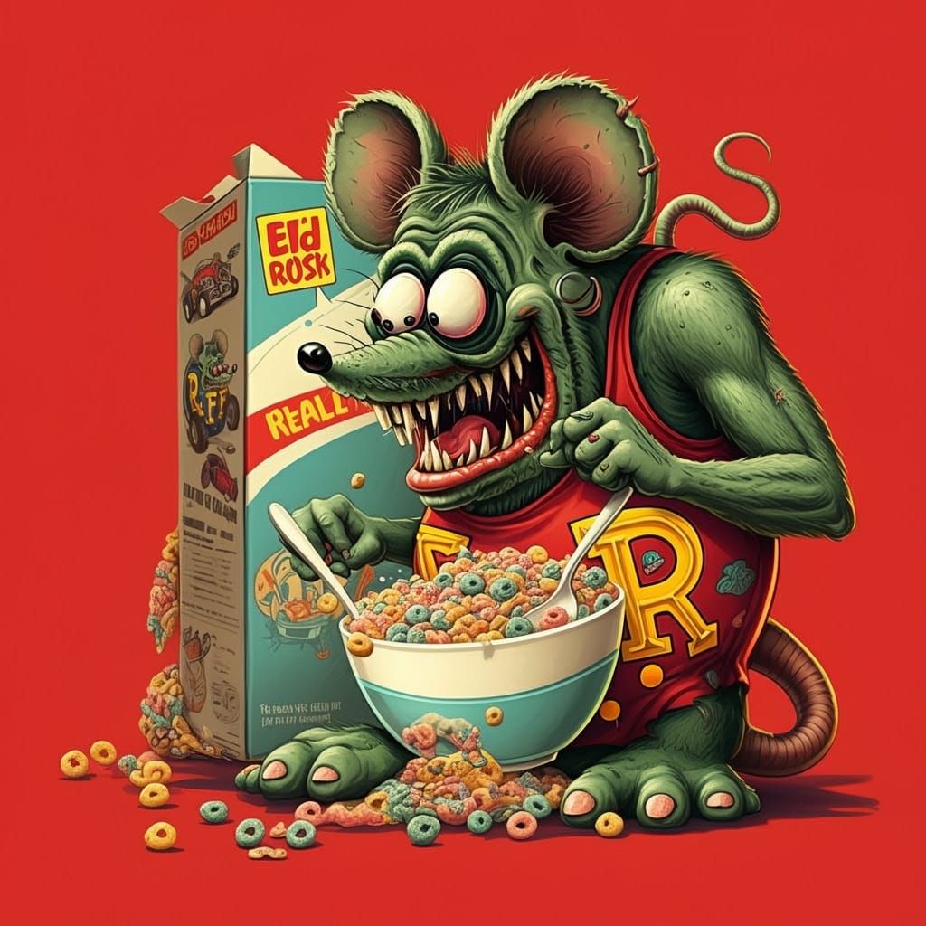 Rat Fink Monster Eats Cereal on Vintage Cereal Box in Retro....