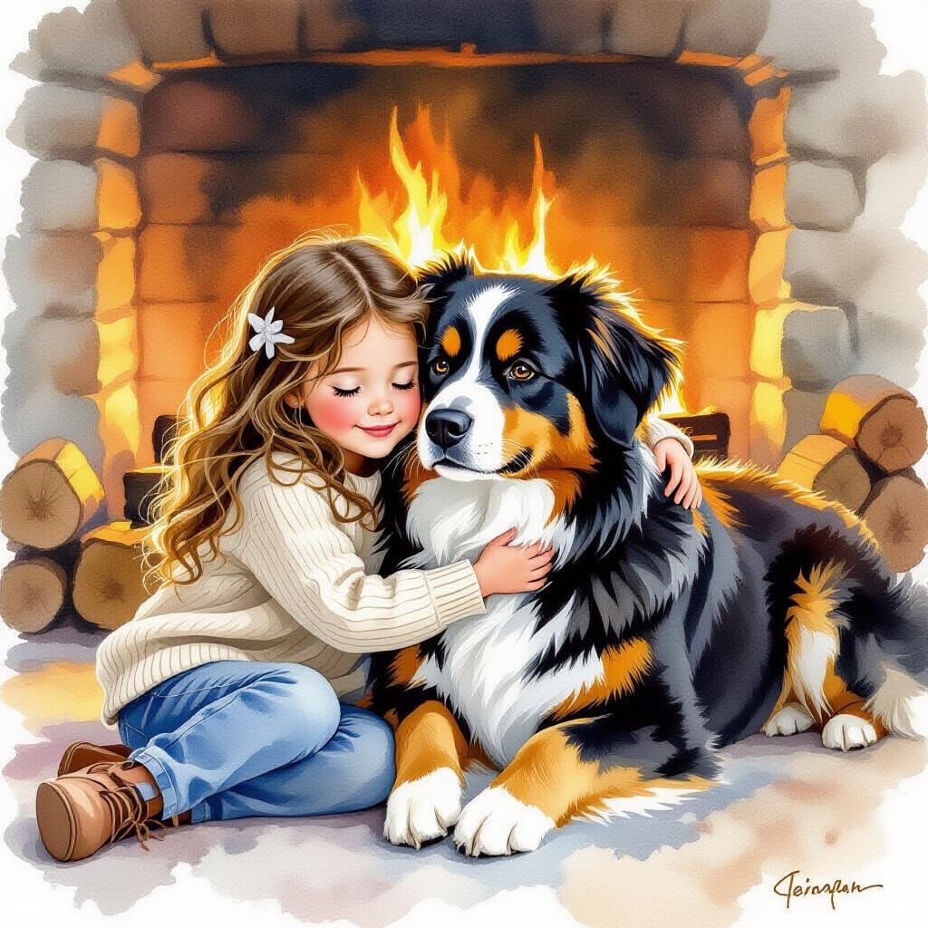 Girl Cuddles Dog By Fireplace in Watercolor Style