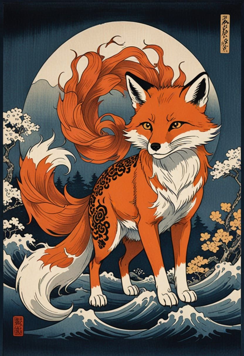 Mystical Japanese Fox in Traditional Ukiyo-e Art