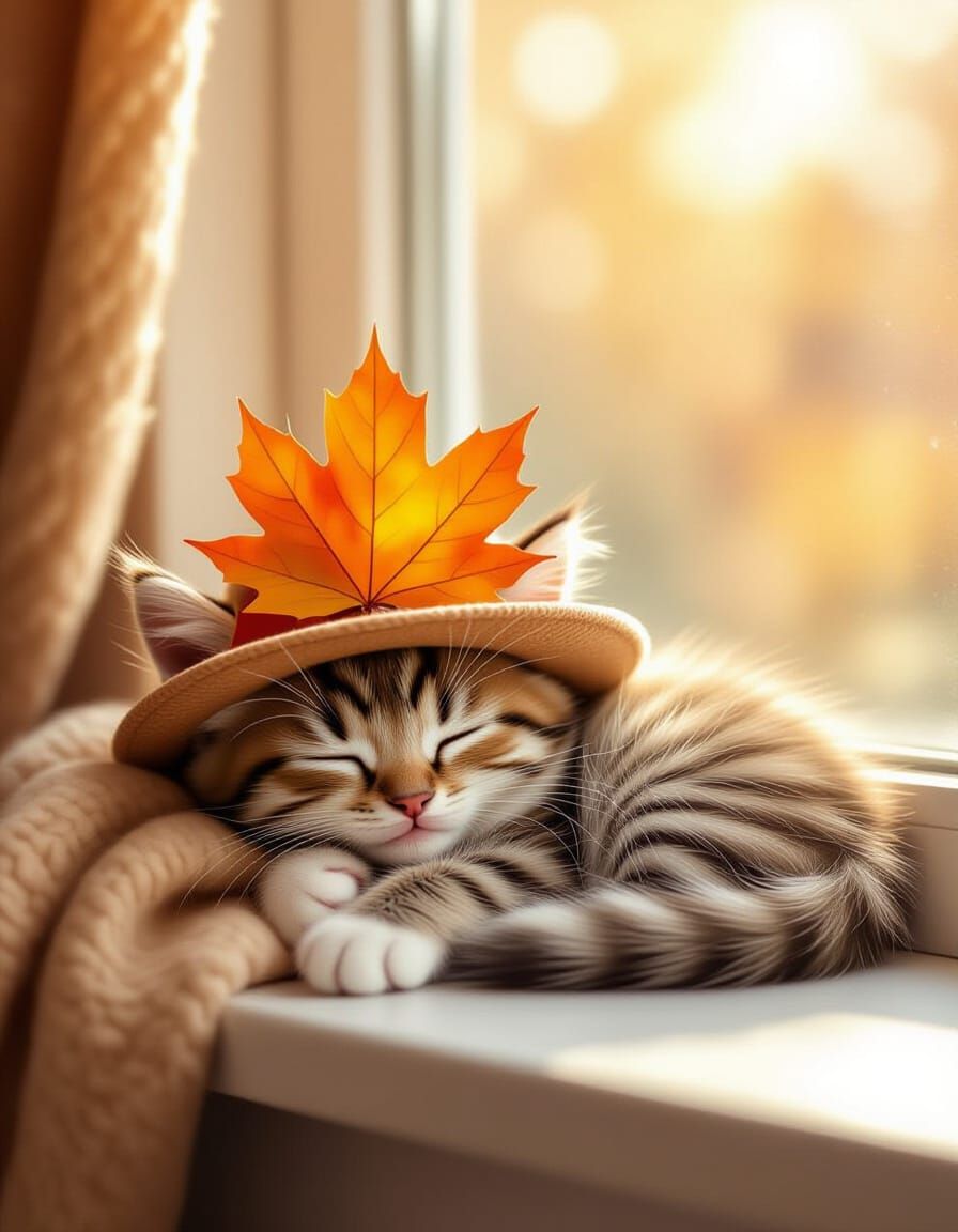 Whimsical Kitten Napping in Autumn Light