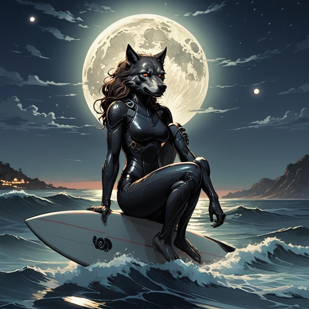 Surfer Werewolf Under Full Moon in Anime Style