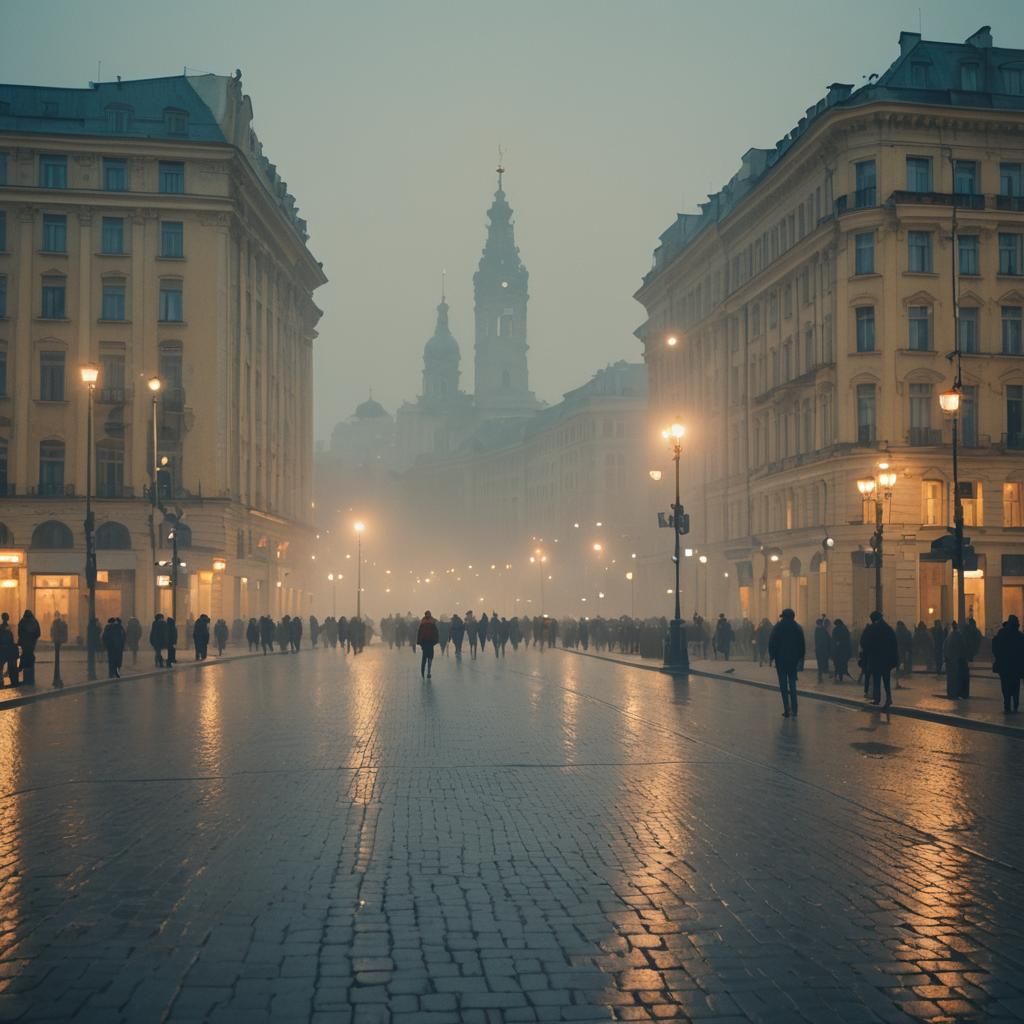 Kyiv's Independence Square at Evening in Cinematic Style