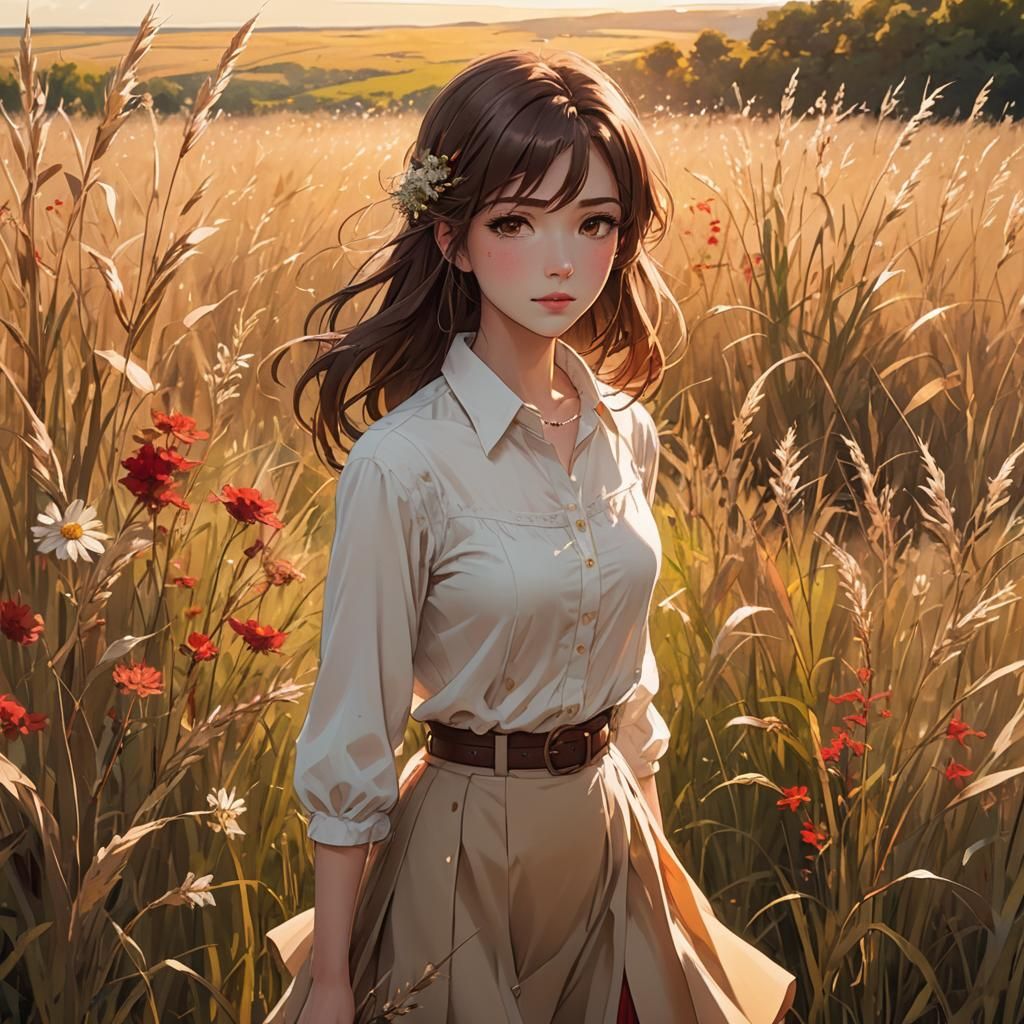 Anime Girl in Sun-Drenched Autumn Meadow