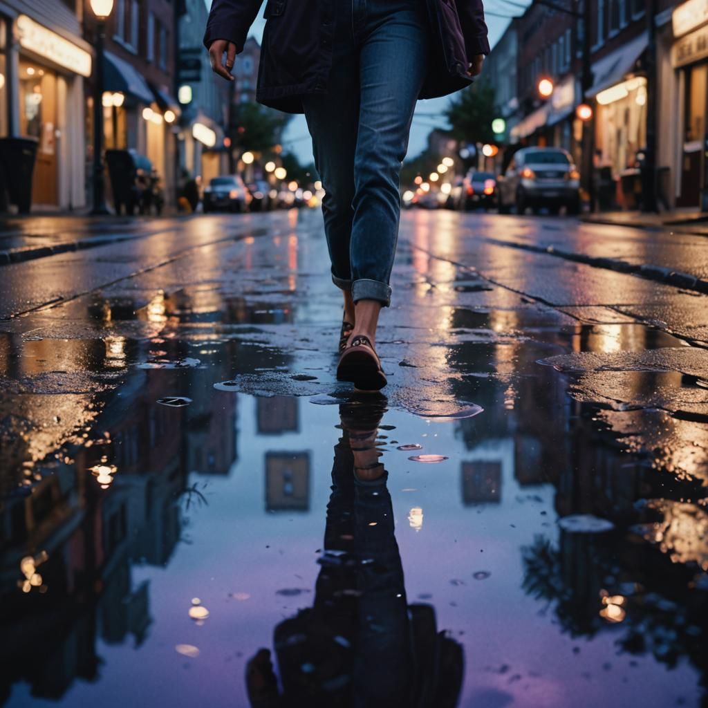 Barefoot Twilight Walk: Photorealistic Cityscape at Night