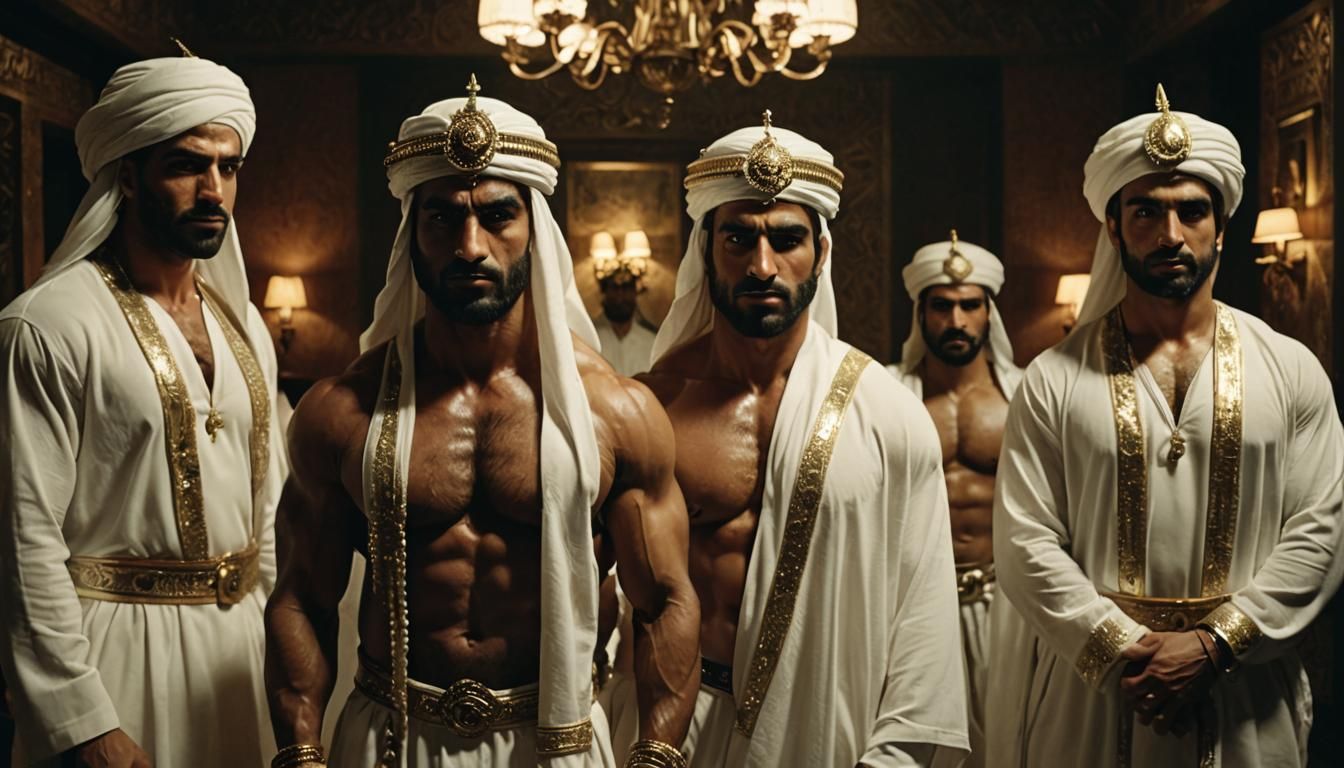 Commanding Bodybuilders in Emirate Headdress: Cinematic Stil...