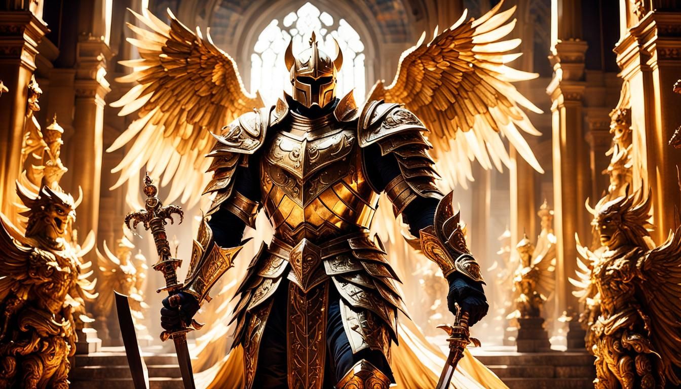 Golden Knight in Grand Hallway, Cinematic Film Still