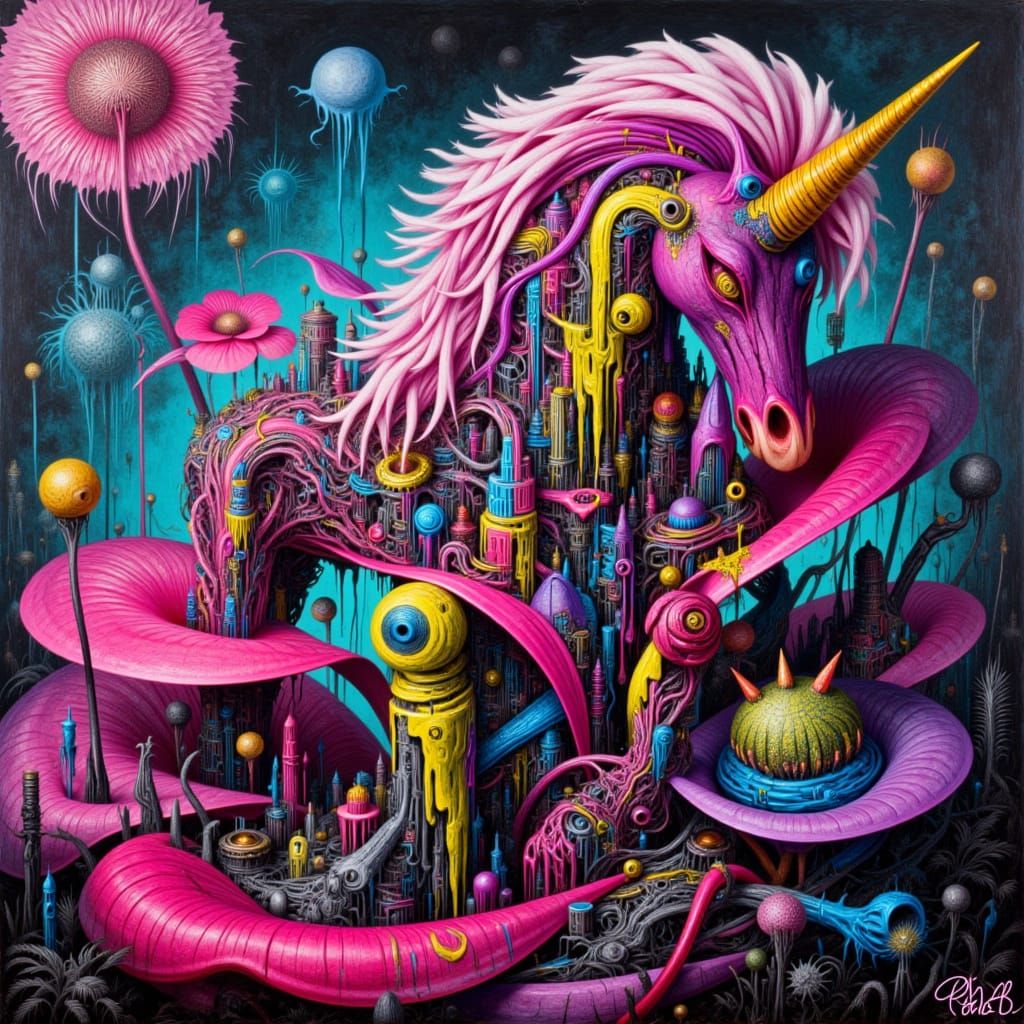 Abstract Horror Unicorn Emerges From Blooming Flower