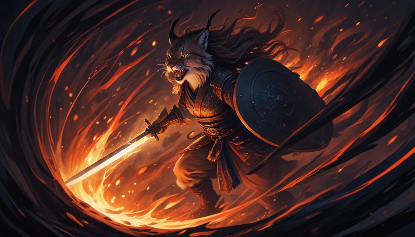Fantasy Lynx Warrior in Turbulent Magic Flames