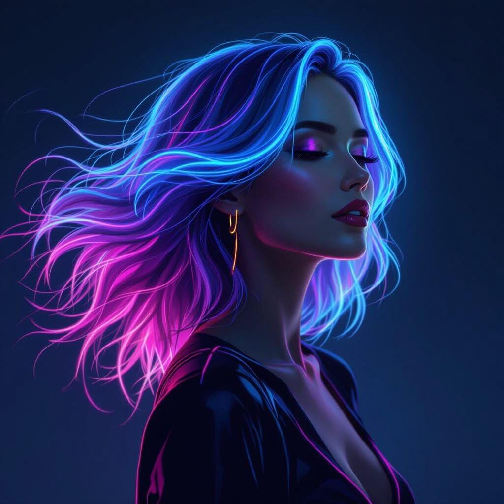 Woman with Flowing Neon Gradient Hair in Cyberpunk Style