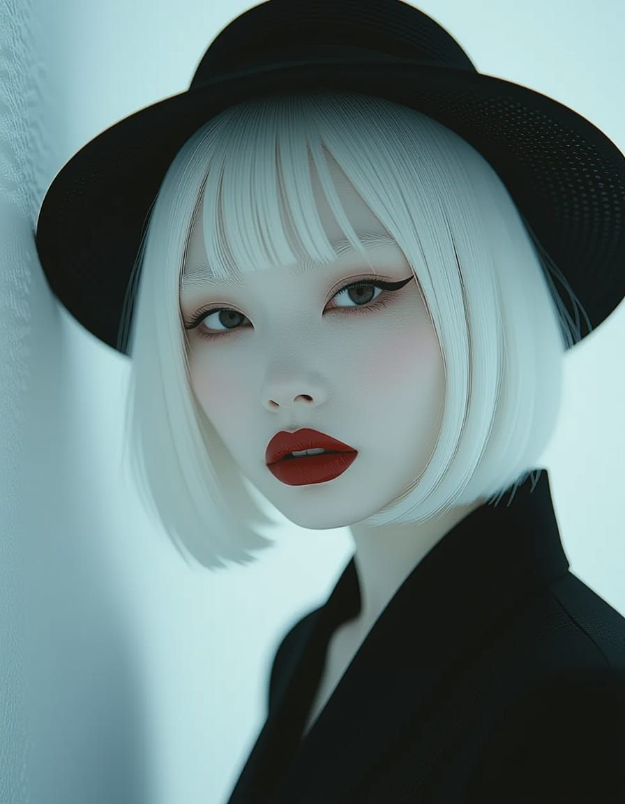 Albino Woman With Red Lips in Surreal Horror Style