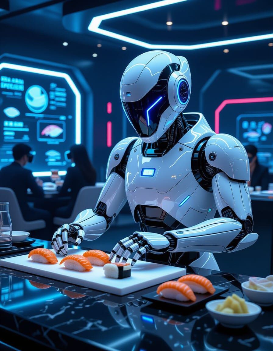 Futuristic Robot Sushi Chef Crafts Gem Sushi in Cyberpunk St...