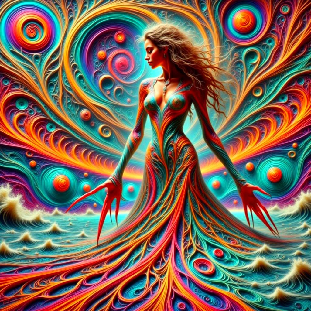 A Woman Transforms into a Whirlpool of Colors and Shapes