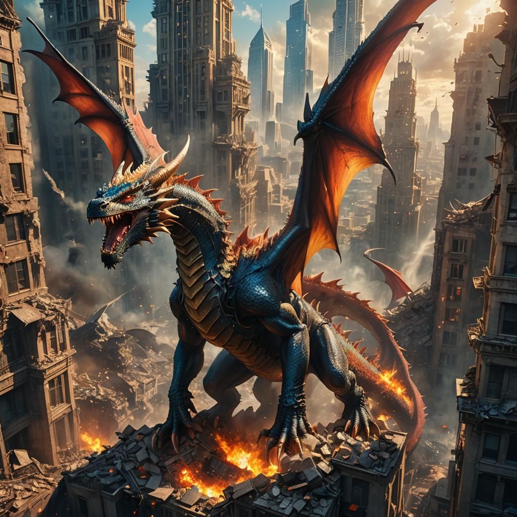 Colossal Dragon Emerges from Skyscraper Ruins