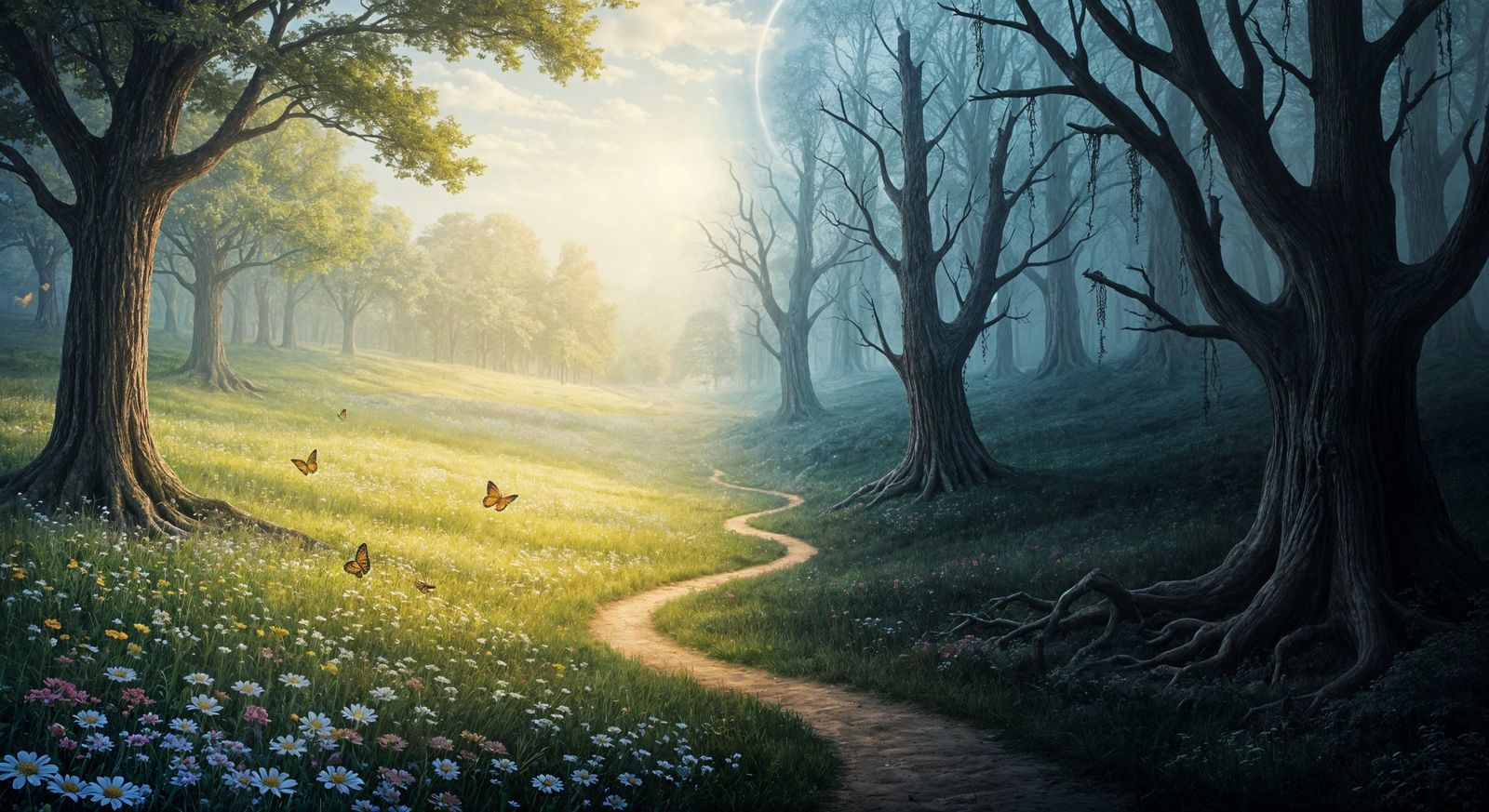 Contrasting Realms: Meadow and Dark Forest Landscape