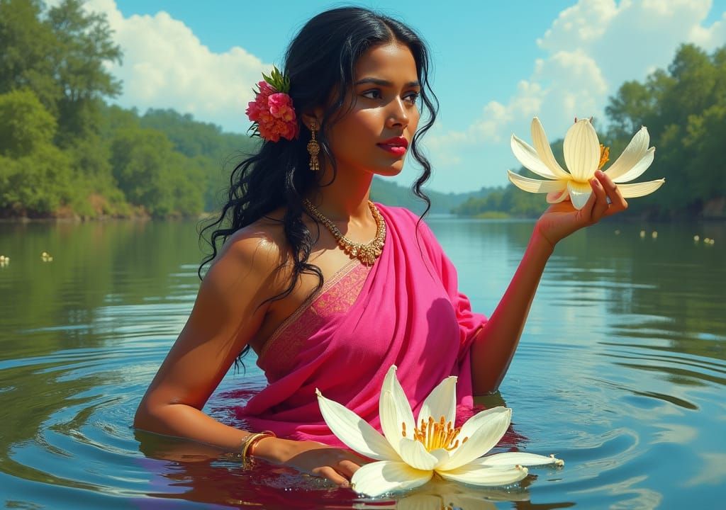 Indian Woman Swimming in River, Impressionist Style