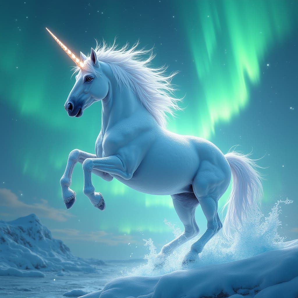 Icy Unicorn Leaps Through Aurora Borealis