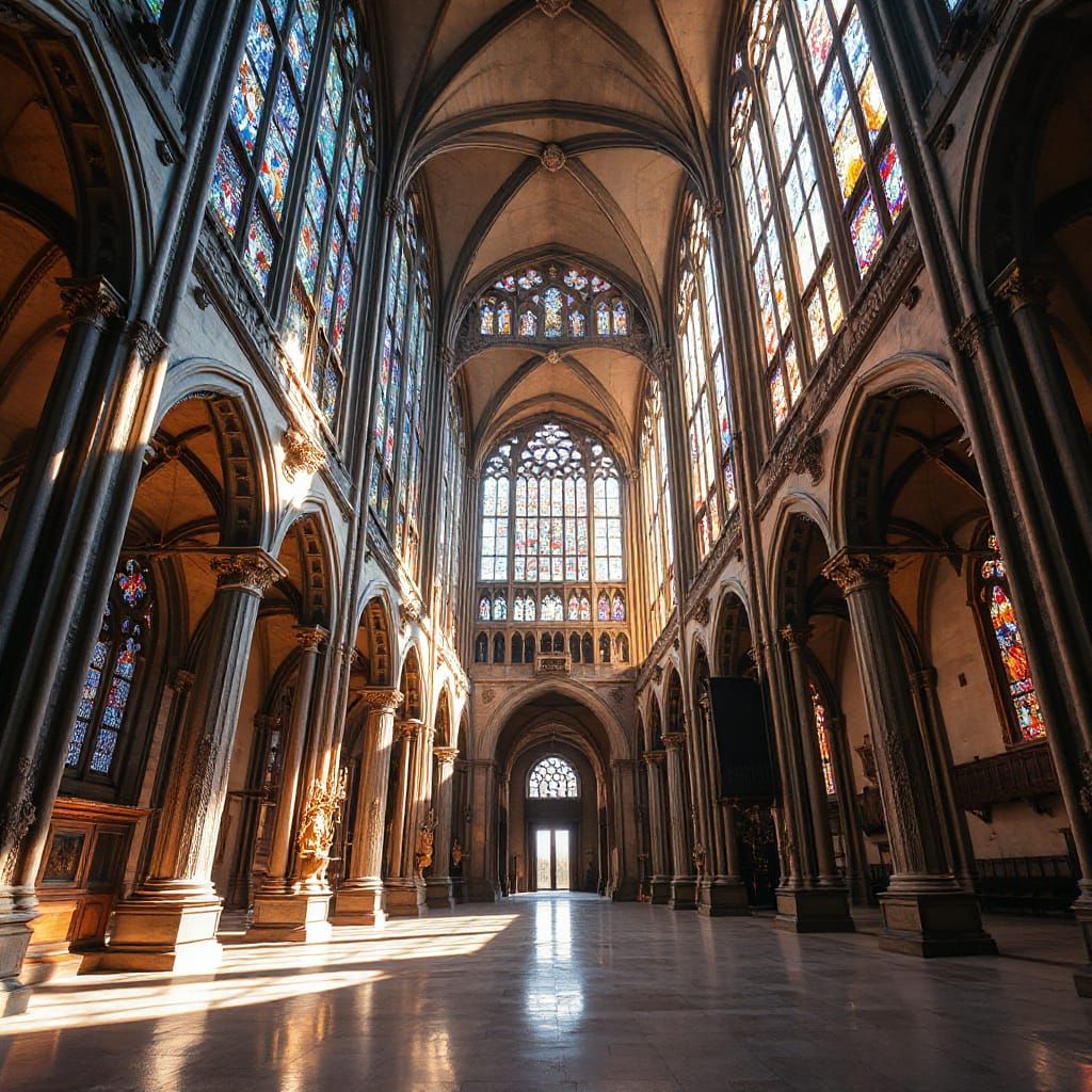 Grand Gothic Cathedral Interior with Stained Glass