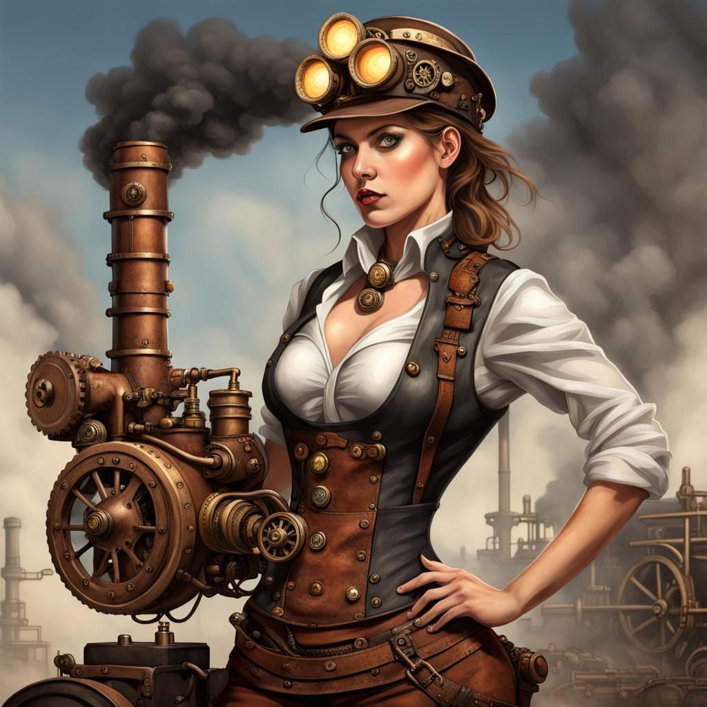 Steampunk Female Miner with Engine