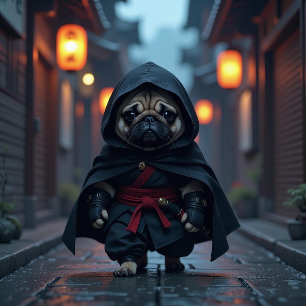 Ninja Pug in Dark Alley: Hyperrealistic Digital Art