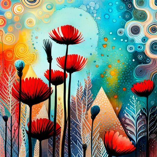 Floral Mixed Media Painting with Intricate Modern Details