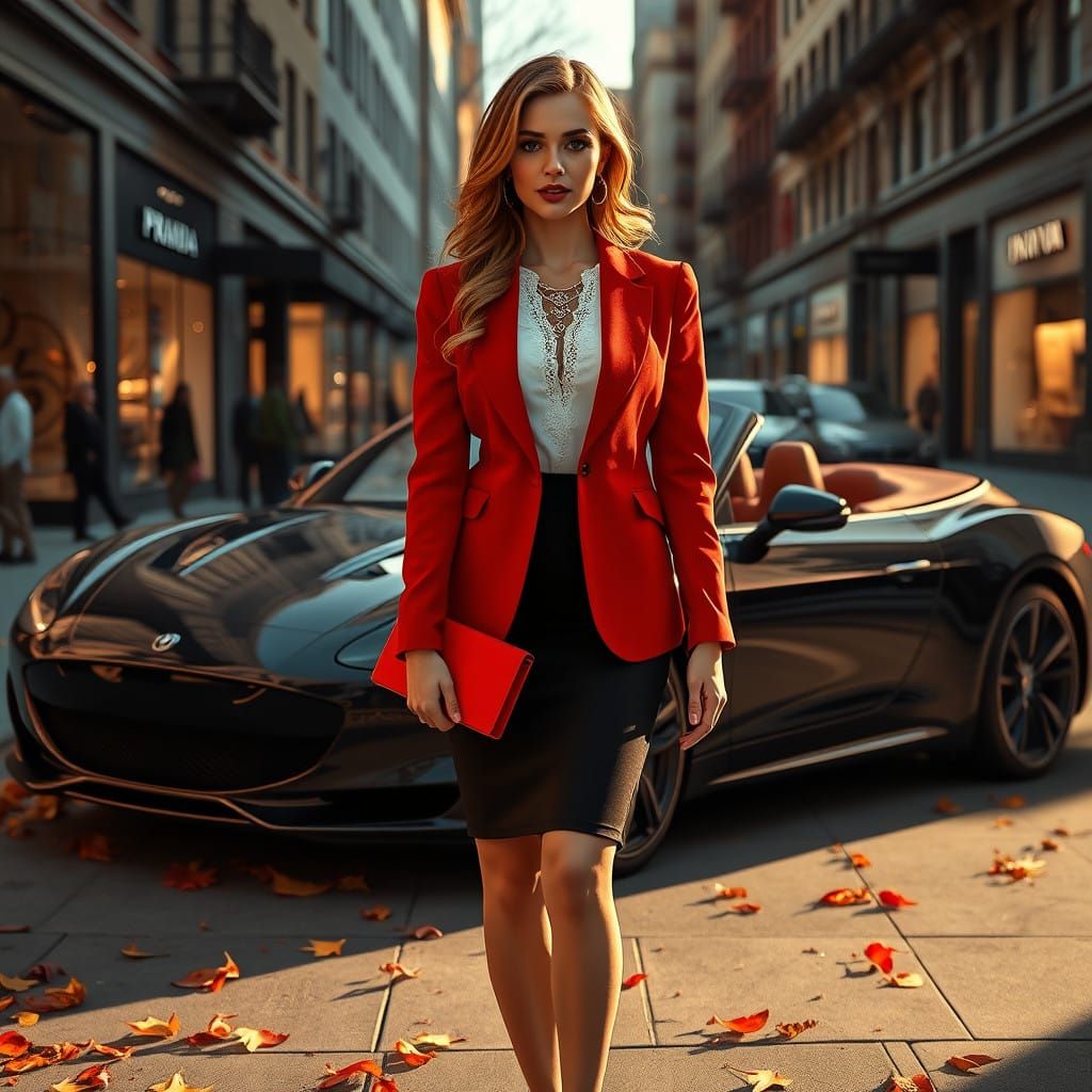 Elegant Woman in Autumn Colors Stands Beside Luxury Car in U...