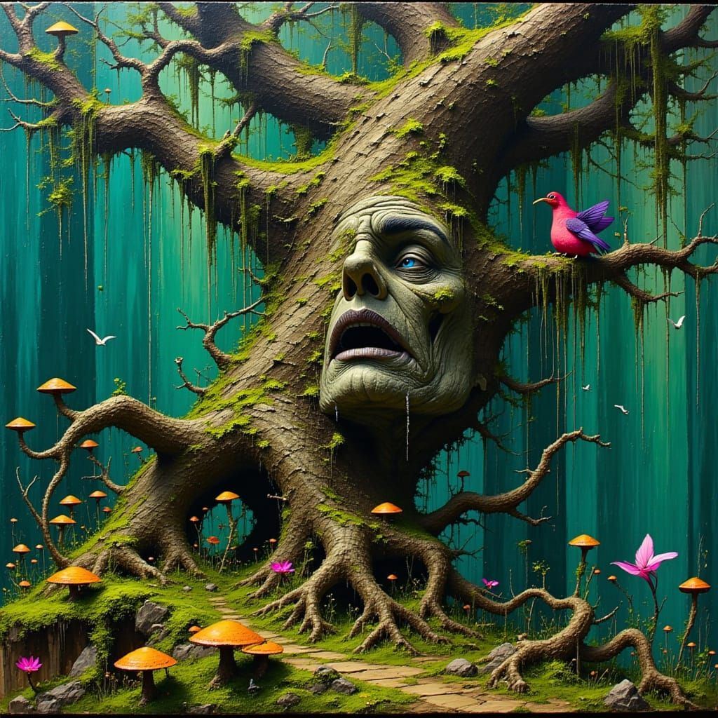 Ancient Enchanted Tree in Whimsical Forest Landscape