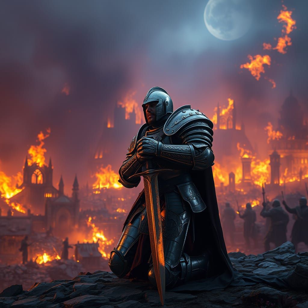 Hyperrealistic Portrait of a Knight in a Burning City