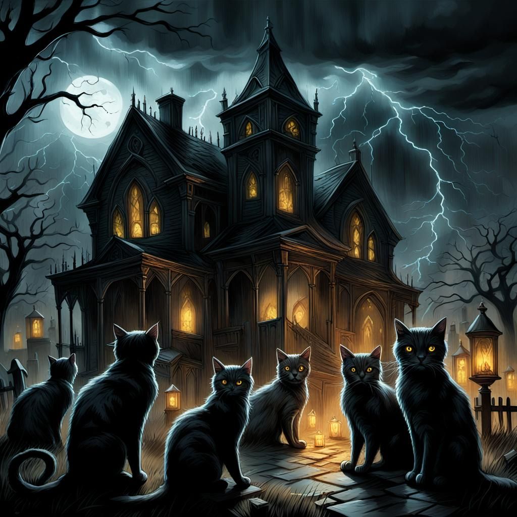 Eerie Gothic Horror Scene with Glowing-Eyed Cats