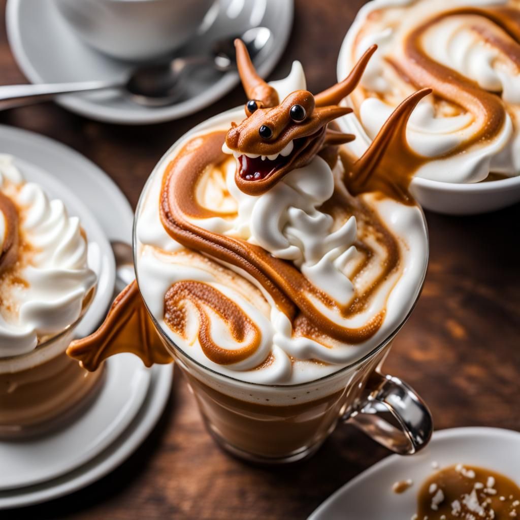 A dragon made from a caramel cappuccino with whipped cream.