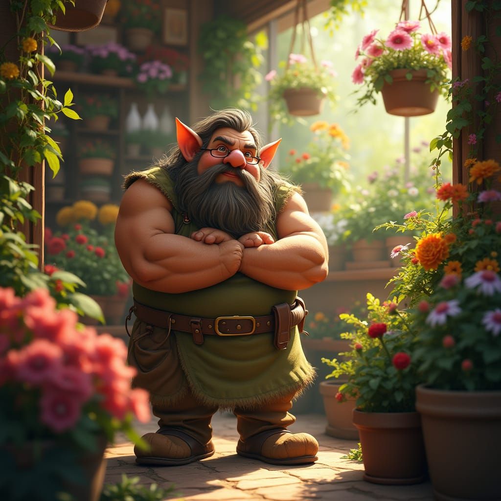 Sturdy Dwarf Gardener Tends to Vibrant Flowers in a Cozy Sho...